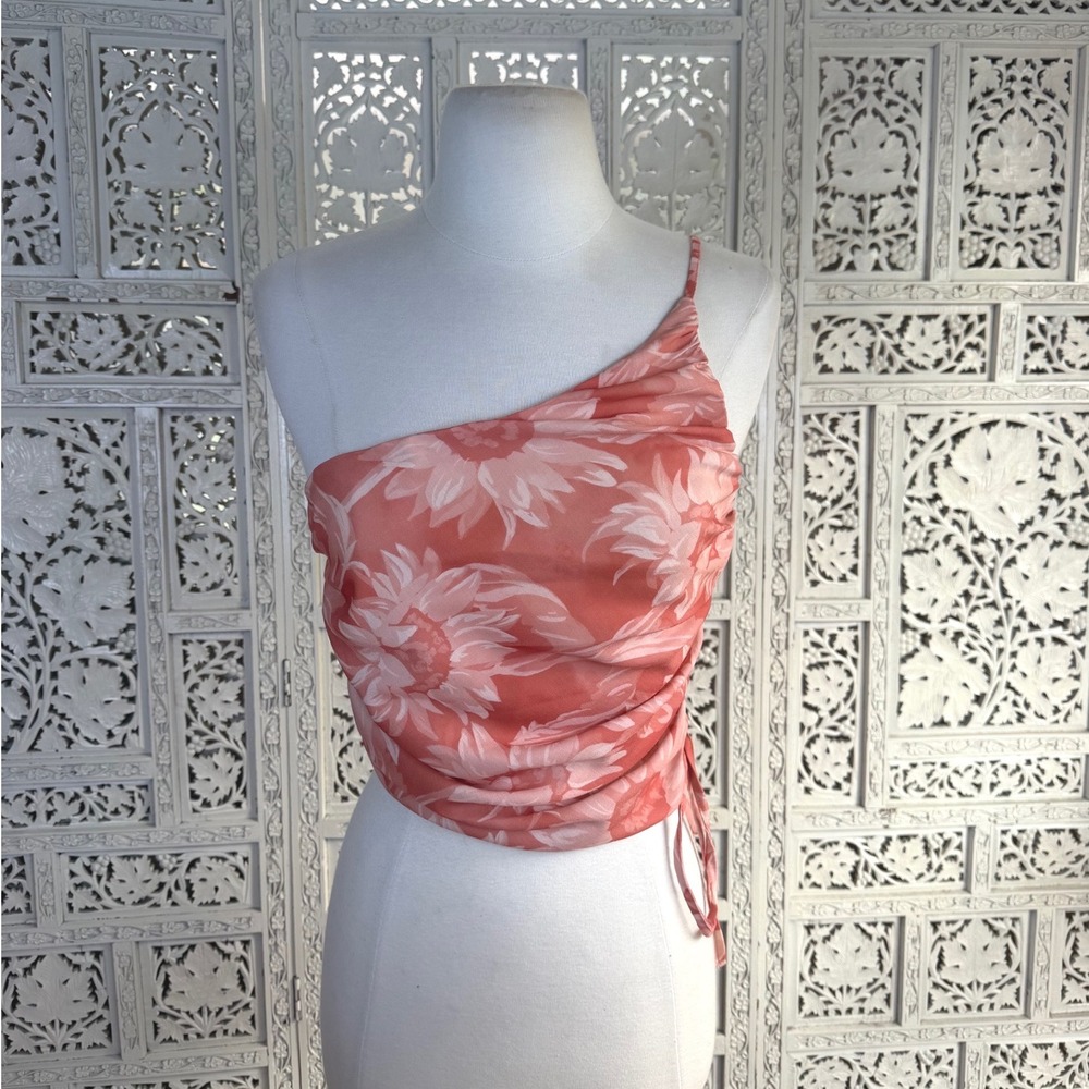 ASOS Orange Floral One Shoulder Tank Top Womens 4 Coquette Festival Ruched